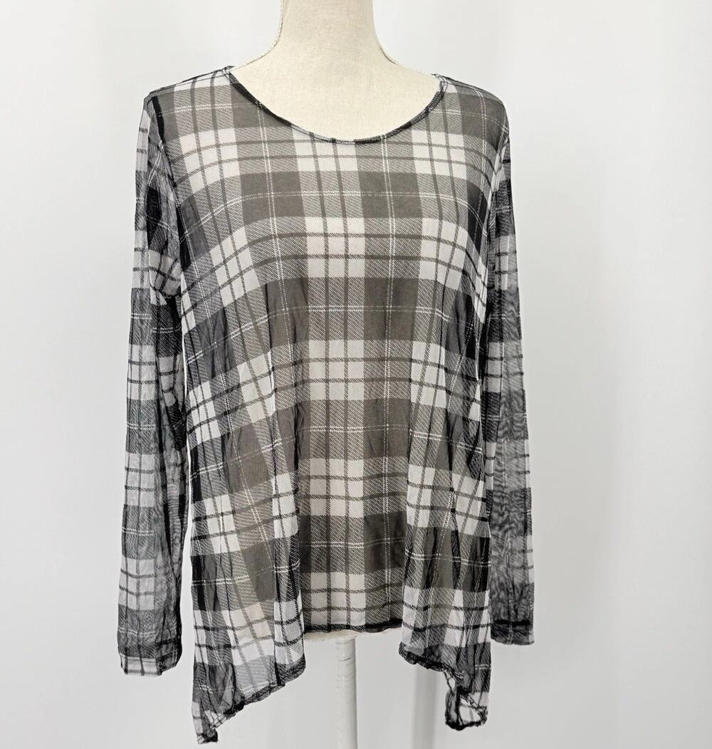 Reina Lee Medium Sheer Mesh Top A line Black Plaid Long sleeve Lagenlook